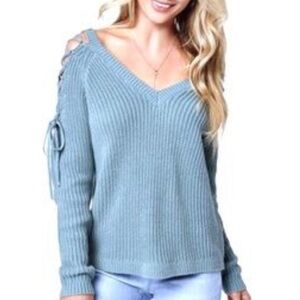 LA hearts lace up shoulder vneck sweater